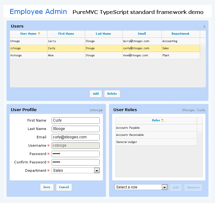 PureMVC TypeScript Demo: Employee Admin